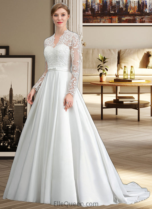 Stephany Ball-Gown/Princess V-neck Court Train Satin Wedding Dress With Bow(s) DGP0013746