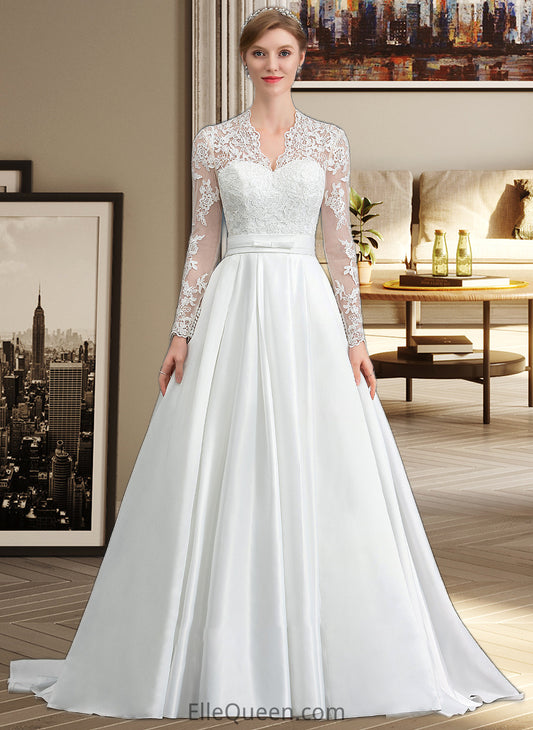 Stephany Ball-Gown/Princess V-neck Court Train Satin Wedding Dress With Bow(s) DGP0013746