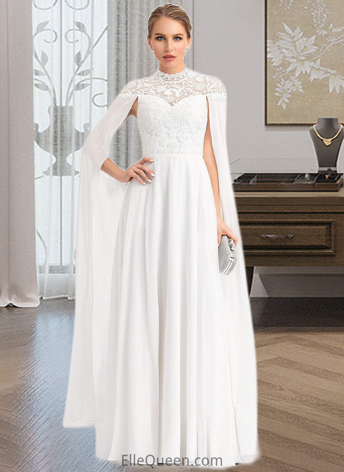 Lizbeth A-Line High Neck Floor-Length Chiffon Wedding Dress DGP0013748