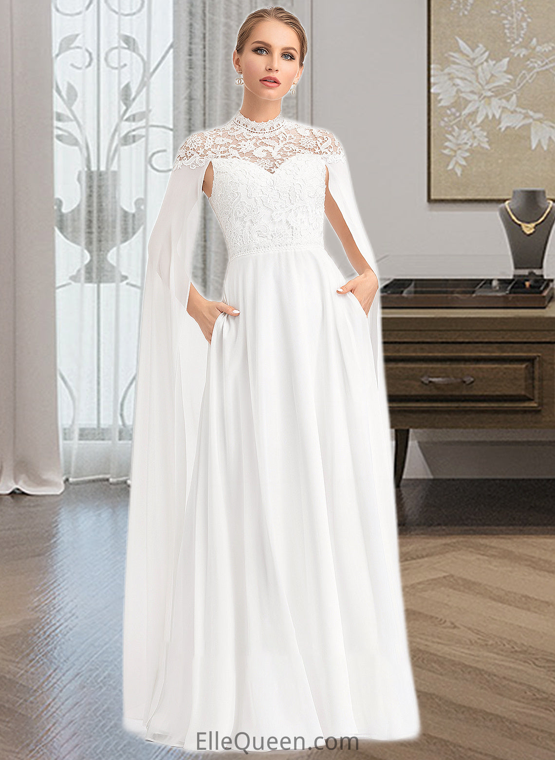 Lizbeth A-Line High Neck Floor-Length Chiffon Wedding Dress DGP0013748