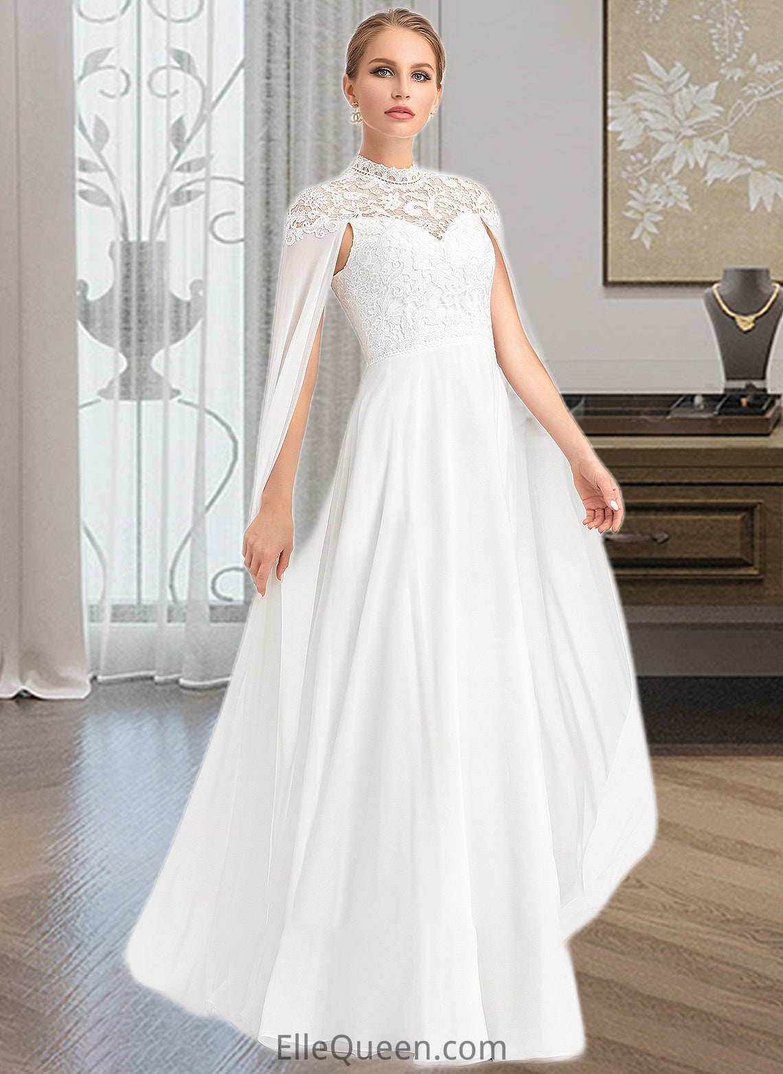 Lizbeth A-Line High Neck Floor-Length Chiffon Wedding Dress DGP0013748