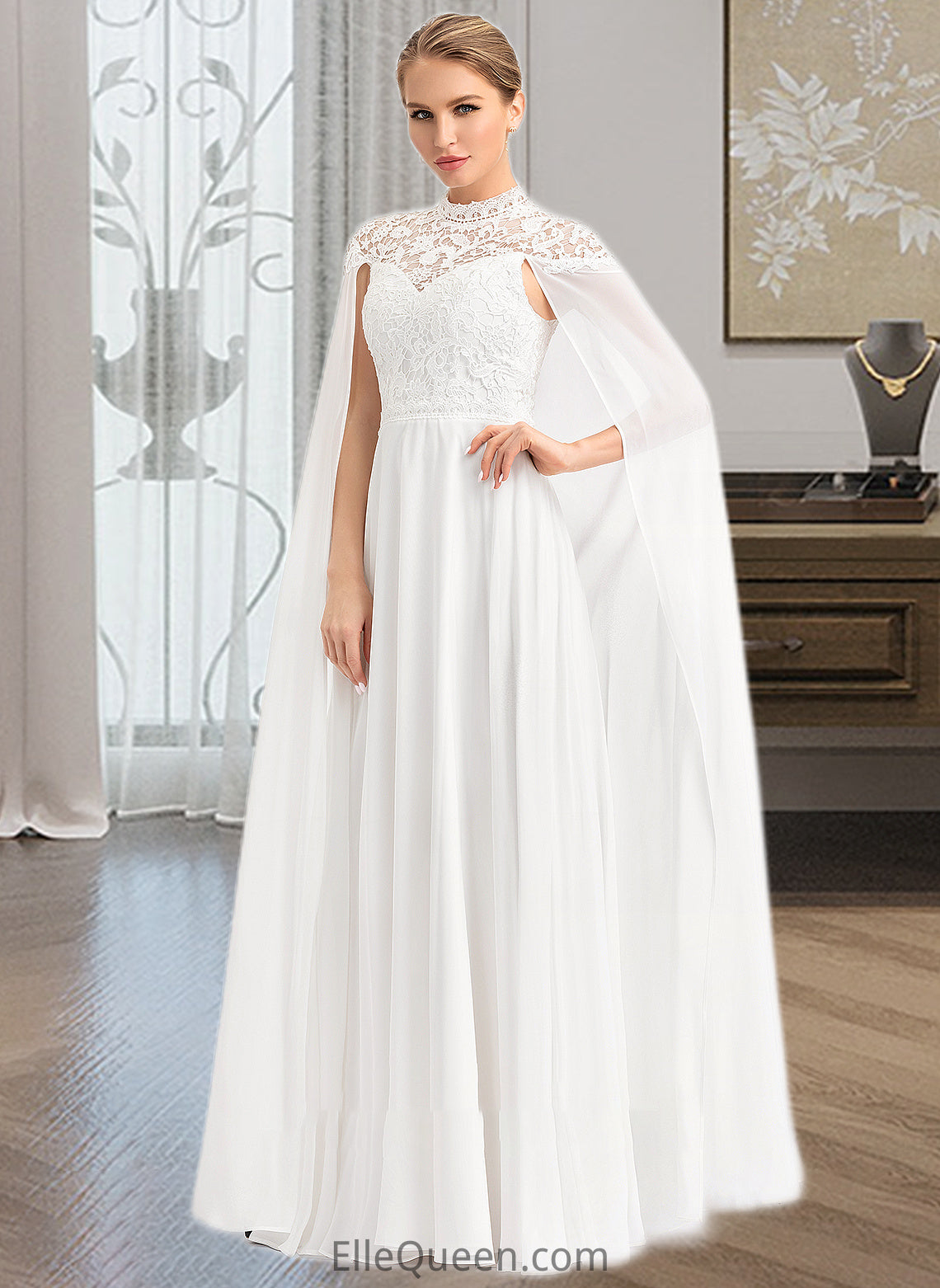 Lizbeth A-Line High Neck Floor-Length Chiffon Wedding Dress DGP0013748