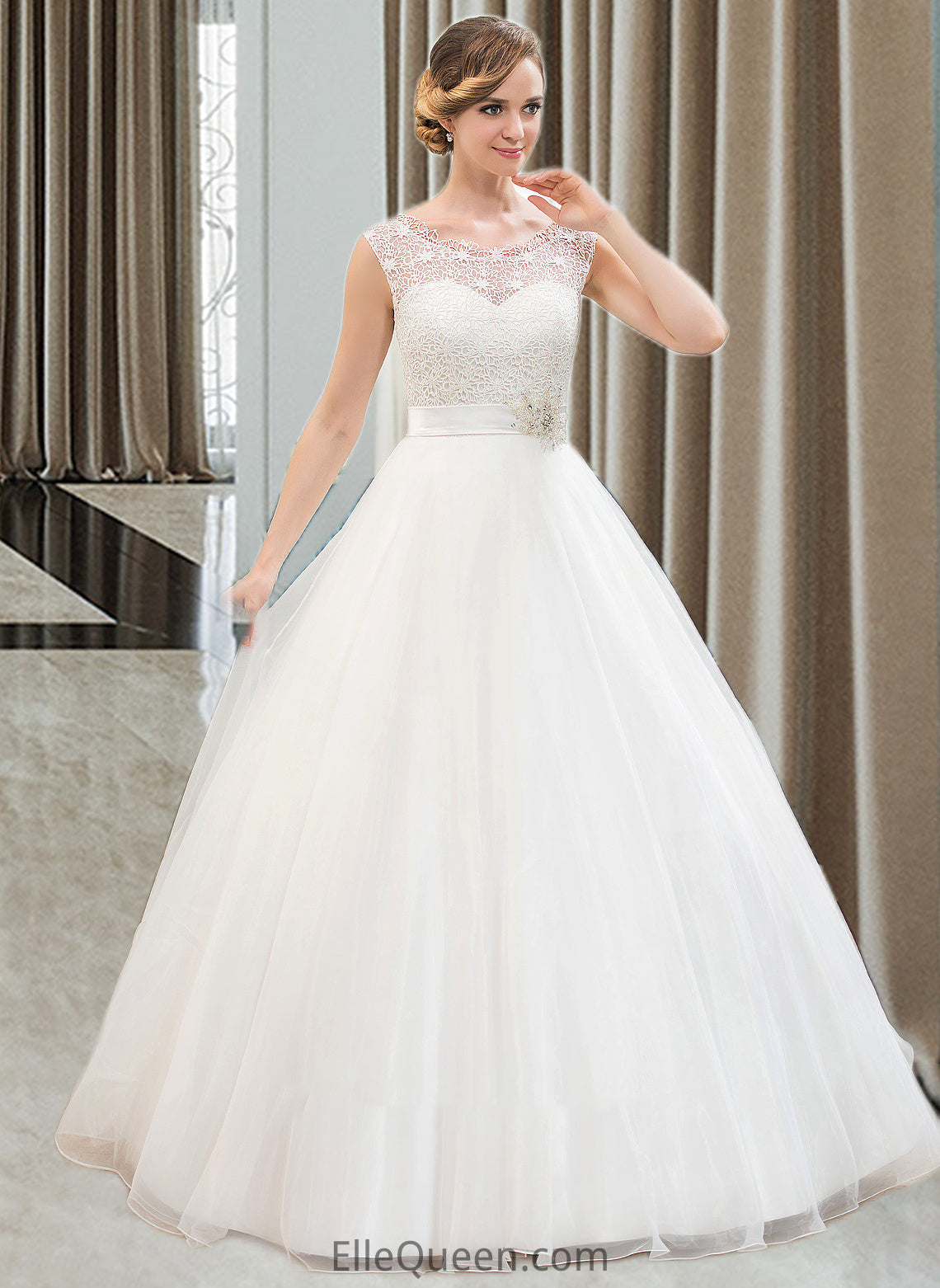 Jess Ball-Gown/Princess Scoop Neck Sweep Train Organza Lace Wedding Dress With Beading Sequins DGP0013751