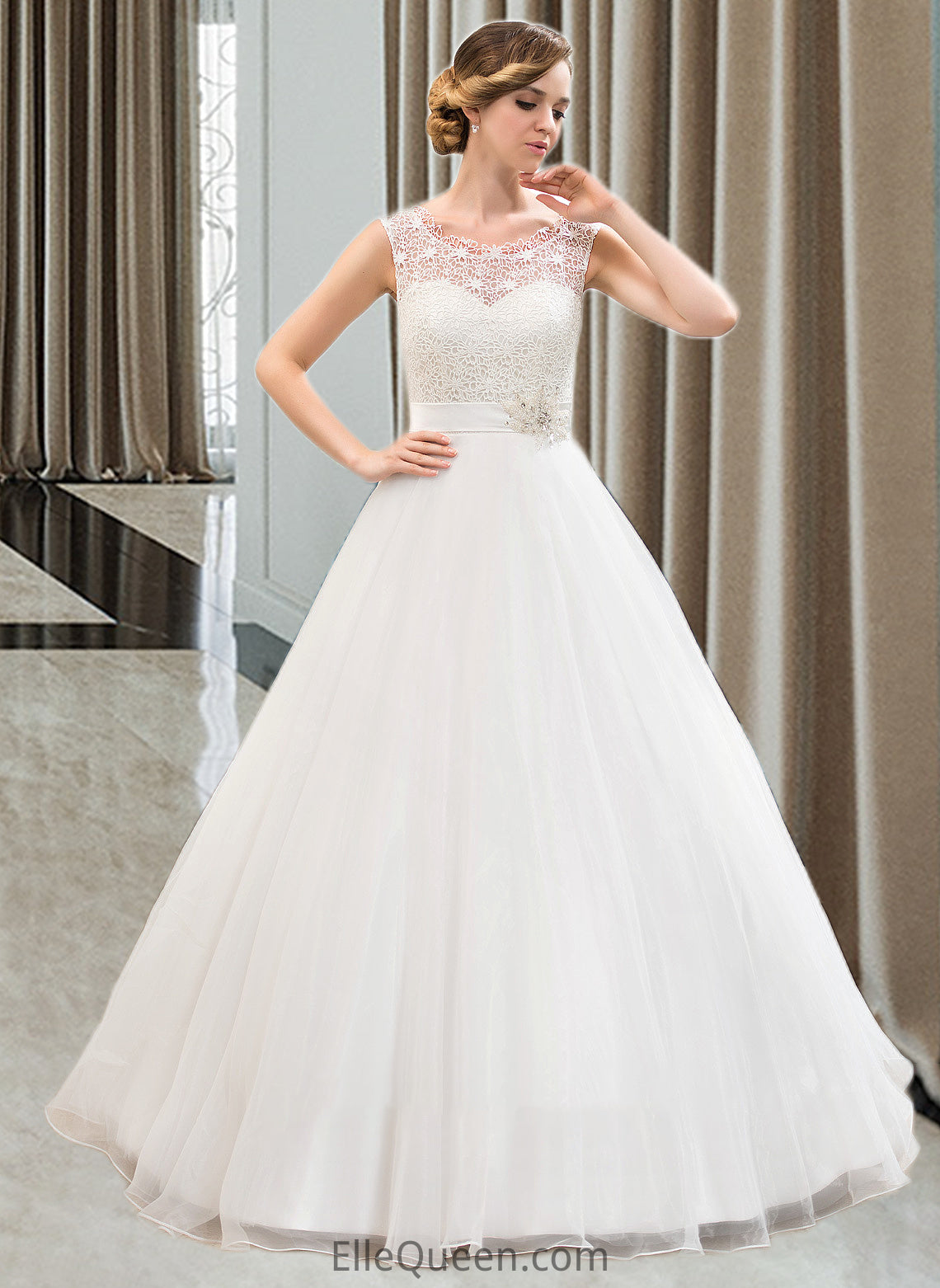 Jess Ball-Gown/Princess Scoop Neck Sweep Train Organza Lace Wedding Dress With Beading Sequins DGP0013751