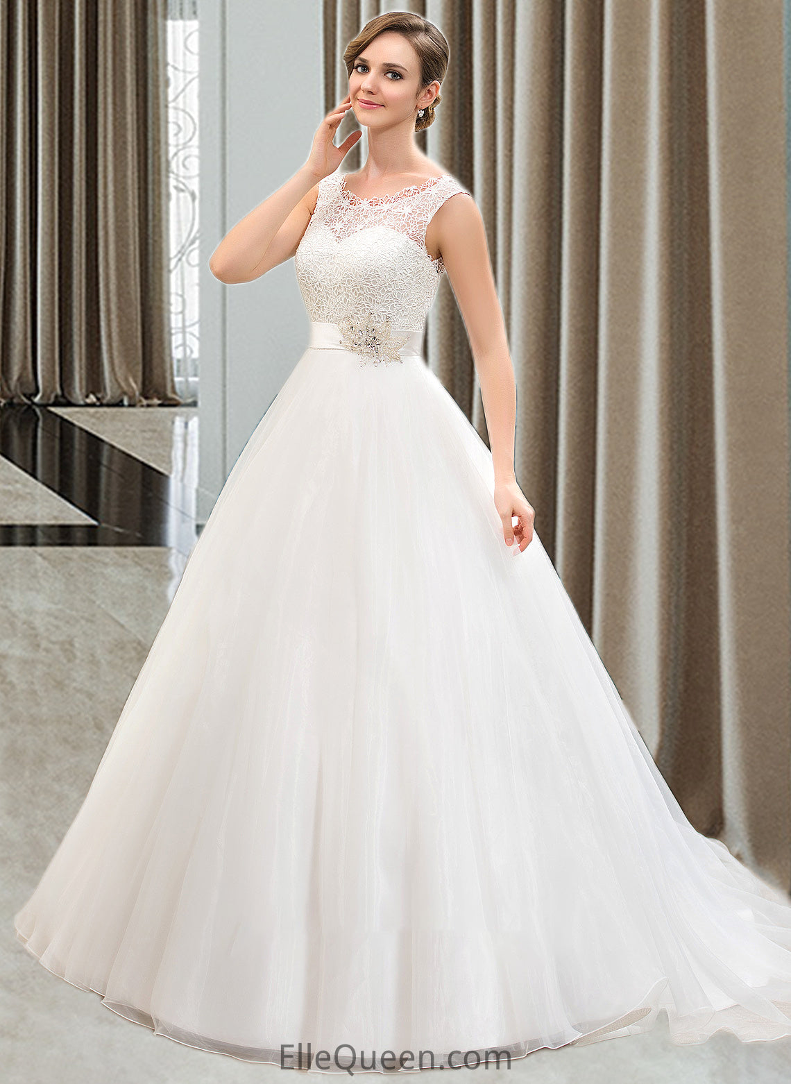 Jess Ball-Gown/Princess Scoop Neck Sweep Train Organza Lace Wedding Dress With Beading Sequins DGP0013751