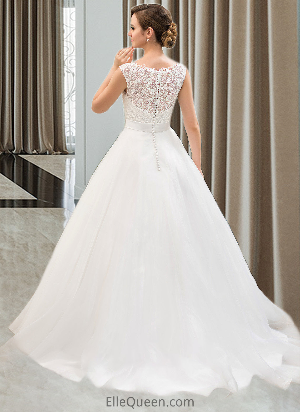 Jess Ball-Gown/Princess Scoop Neck Sweep Train Organza Lace Wedding Dress With Beading Sequins DGP0013751