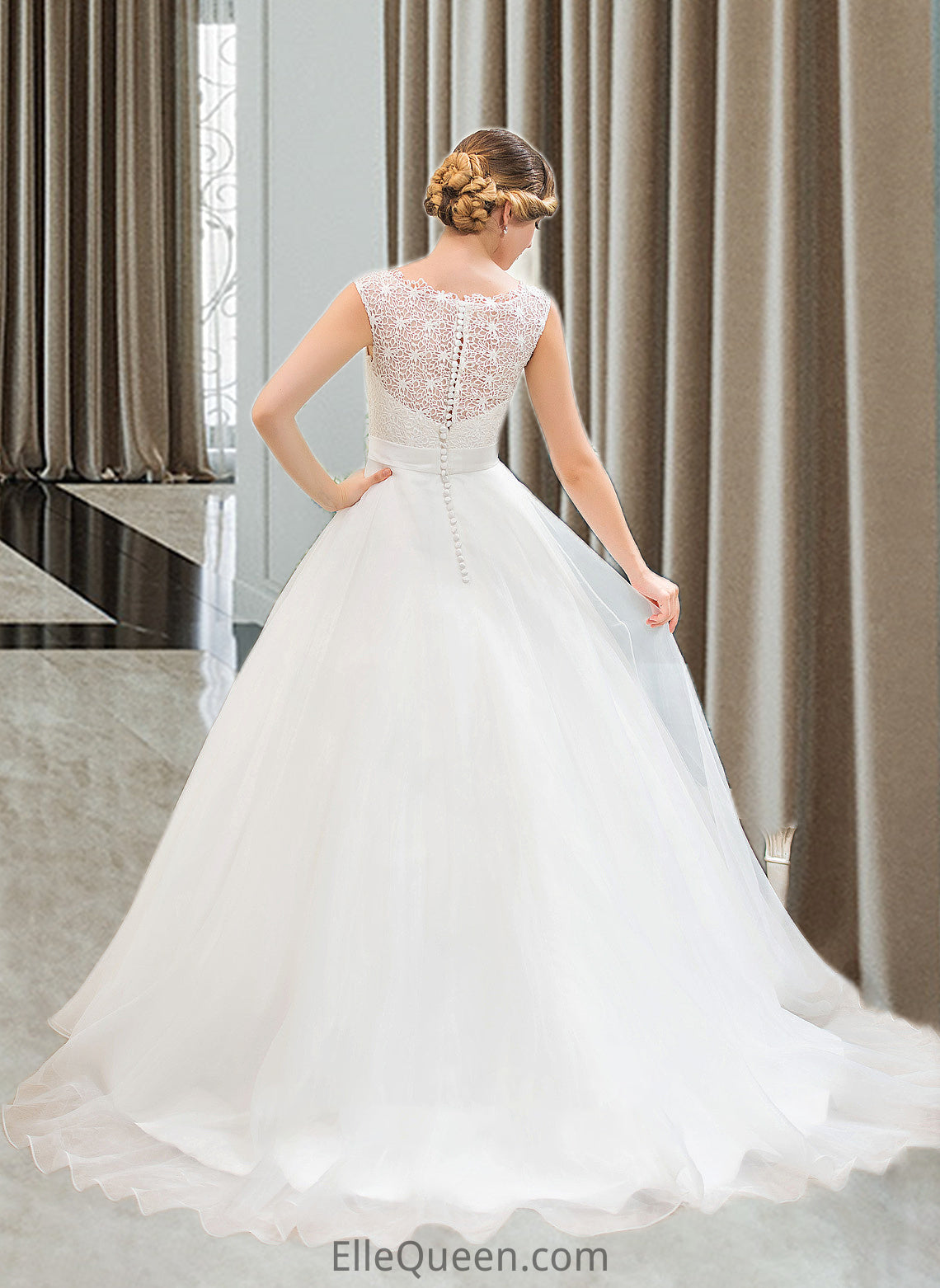 Jess Ball-Gown/Princess Scoop Neck Sweep Train Organza Lace Wedding Dress With Beading Sequins DGP0013751