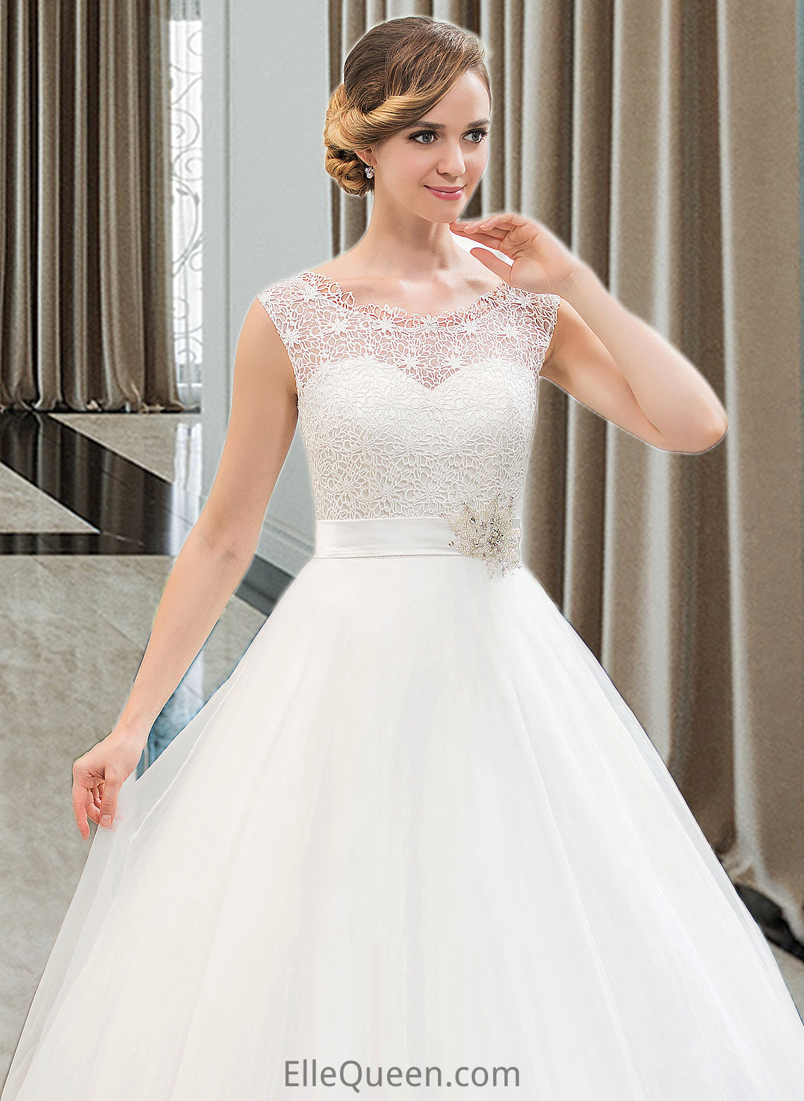 Jess Ball-Gown/Princess Scoop Neck Sweep Train Organza Lace Wedding Dress With Beading Sequins DGP0013751