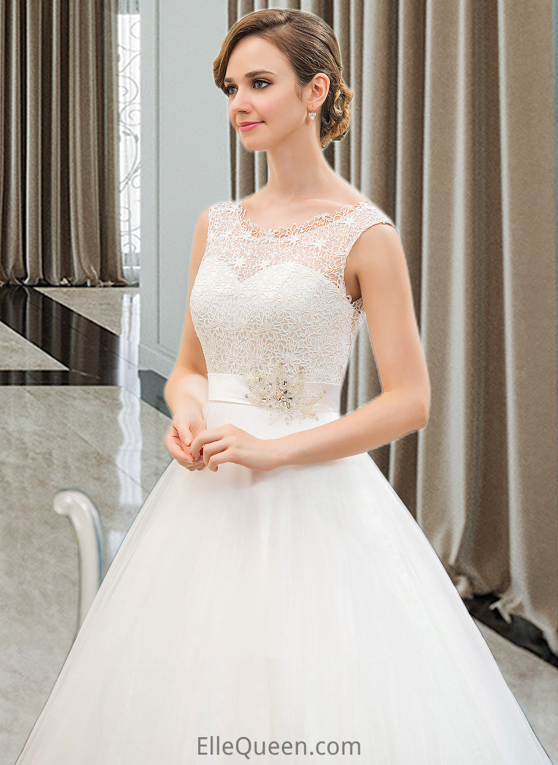 Jess Ball-Gown/Princess Scoop Neck Sweep Train Organza Lace Wedding Dress With Beading Sequins DGP0013751