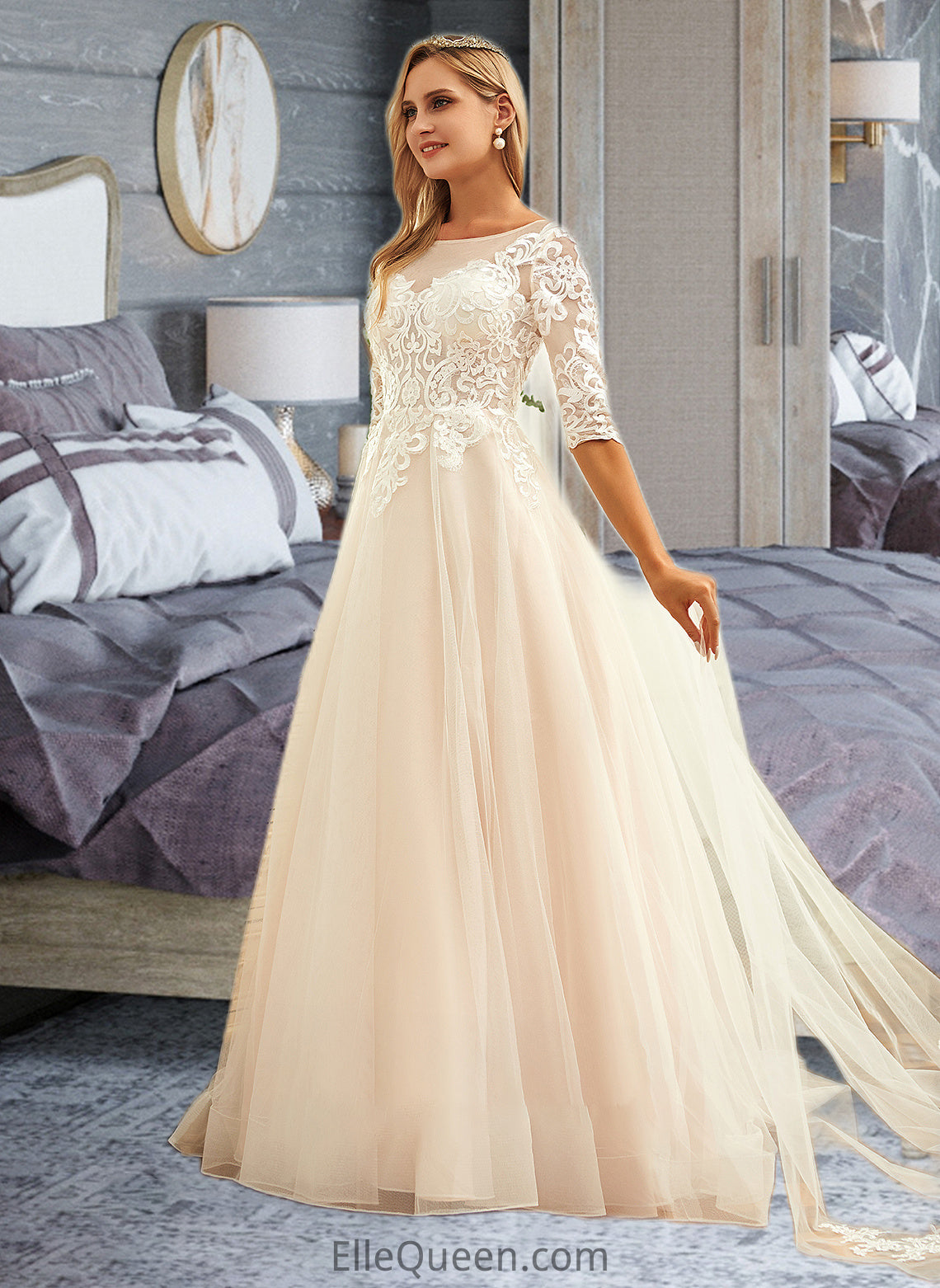 Sibyl Ball-Gown/Princess Scoop Neck Sweep Train Tulle Lace Wedding Dress DGP0013760