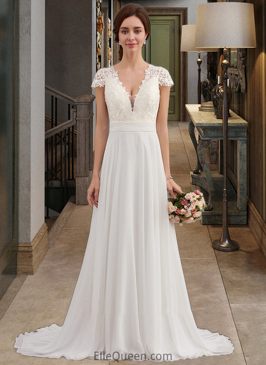 Anabelle A-Line V-neck Sweep Train Chiffon Wedding Dress With Ruffle DGP0013761