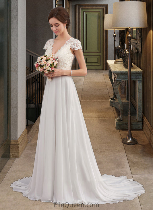 Anabelle A-Line V-neck Sweep Train Chiffon Wedding Dress With Ruffle DGP0013761