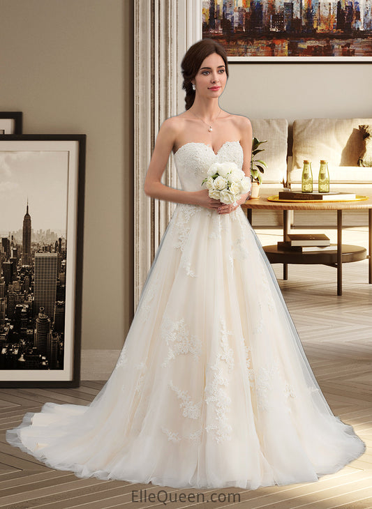 Kassandra Ball-Gown/Princess Sweetheart Court Train Tulle Wedding Dress With Ruffle Beading DGP0013766