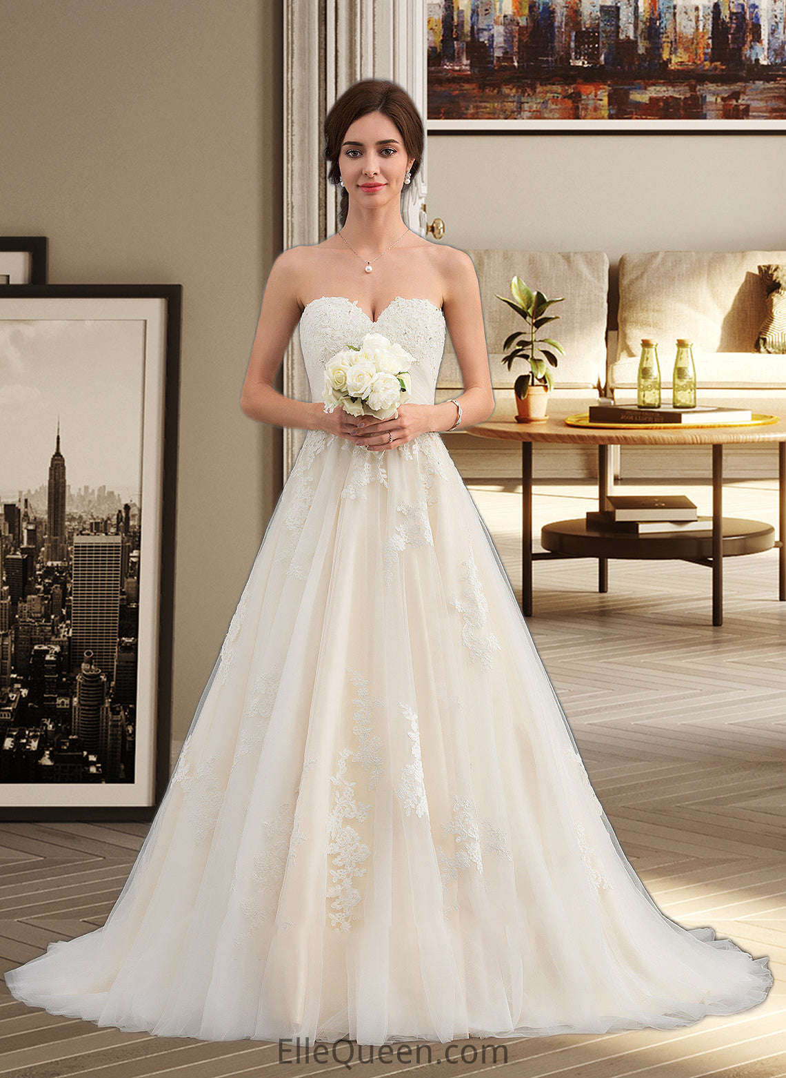 Kassandra Ball-Gown/Princess Sweetheart Court Train Tulle Wedding Dress With Ruffle Beading DGP0013766