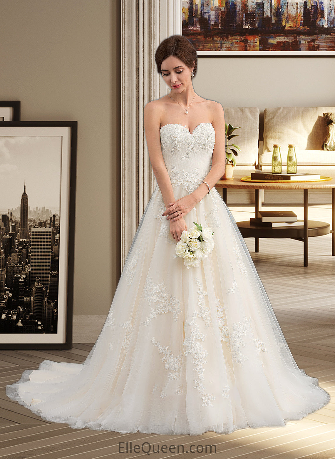 Kassandra Ball-Gown/Princess Sweetheart Court Train Tulle Wedding Dress With Ruffle Beading DGP0013766