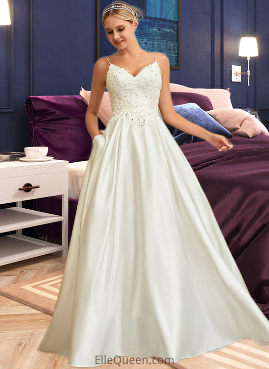 Everleigh Ball-Gown/Princess V-neck Sweep Train Satin Lace Wedding Dress With Lace Beading Sequins Pockets DGP0013771