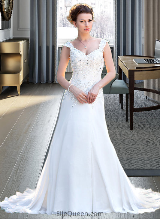 Donna A-Line V-neck Court Train Chiffon Wedding Dress With Lace Beading Sequins DGP0013776