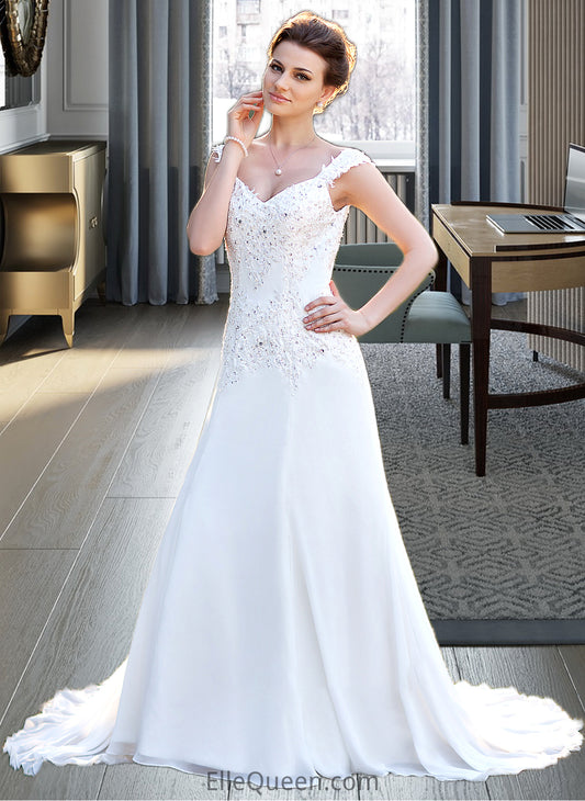 Donna A-Line V-neck Court Train Chiffon Wedding Dress With Lace Beading Sequins DGP0013776