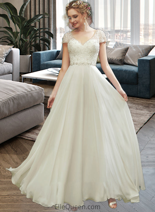 Samantha A-Line V-neck Floor-Length Wedding Dress With Lace Beading Sequins DGP0013784