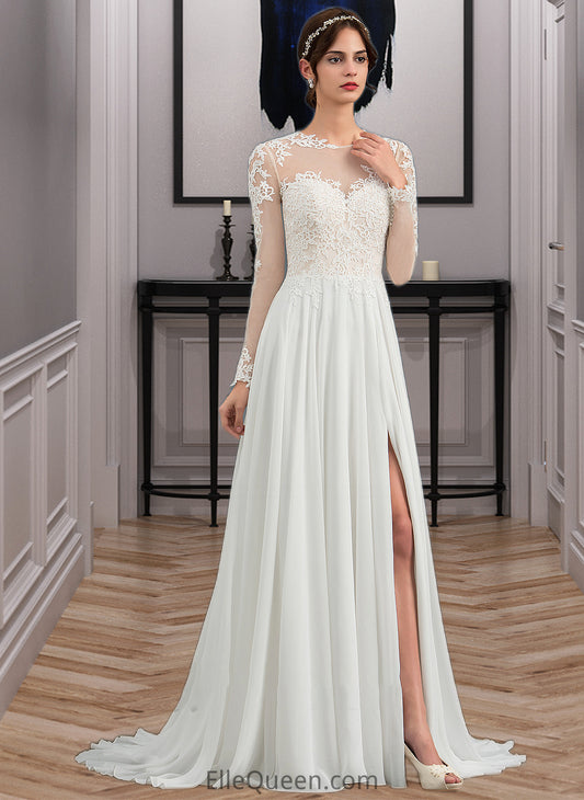 Seraphina A-Line Illusion Sweep Train Chiffon Wedding Dress With Appliques Lace Split Front DGP0013793