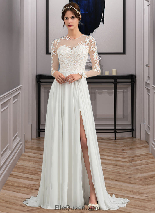 Seraphina A-Line Illusion Sweep Train Chiffon Wedding Dress With Appliques Lace Split Front DGP0013793