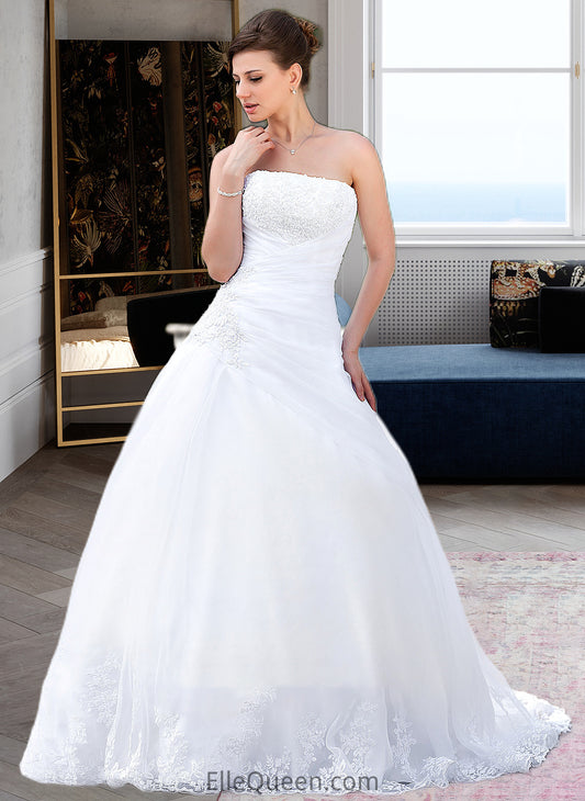 Zoie Ball-Gown/Princess Strapless Chapel Train Satin Organza Wedding Dress With Lace Beading DGP0013796