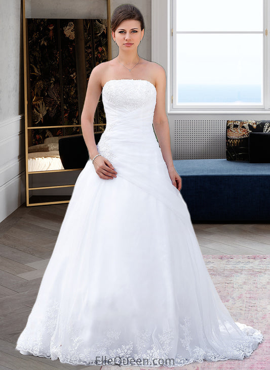 Zoie Ball-Gown/Princess Strapless Chapel Train Satin Organza Wedding Dress With Lace Beading DGP0013796