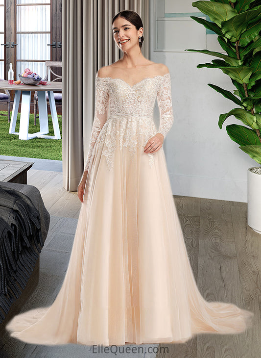 Mercedes Ball-Gown/Princess Illusion Chapel Train Wedding Dress With Sequins DGP0013798