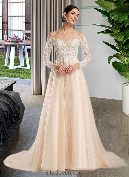 Mercedes Ball-Gown/Princess Illusion Chapel Train Wedding Dress With Sequins DGP0013798