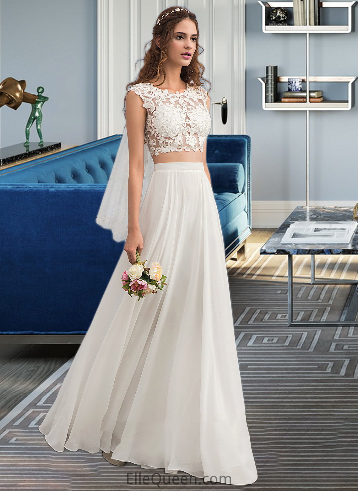 Daphne A-Line Scoop Neck Floor-Length Chiffon Wedding Dress With Beading Sequins DGP0013799