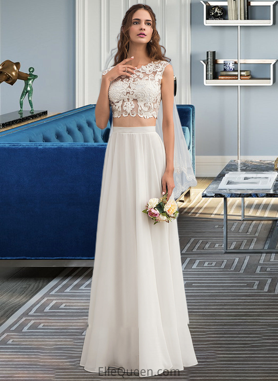 Daphne A-Line Scoop Neck Floor-Length Chiffon Wedding Dress With Beading Sequins DGP0013799