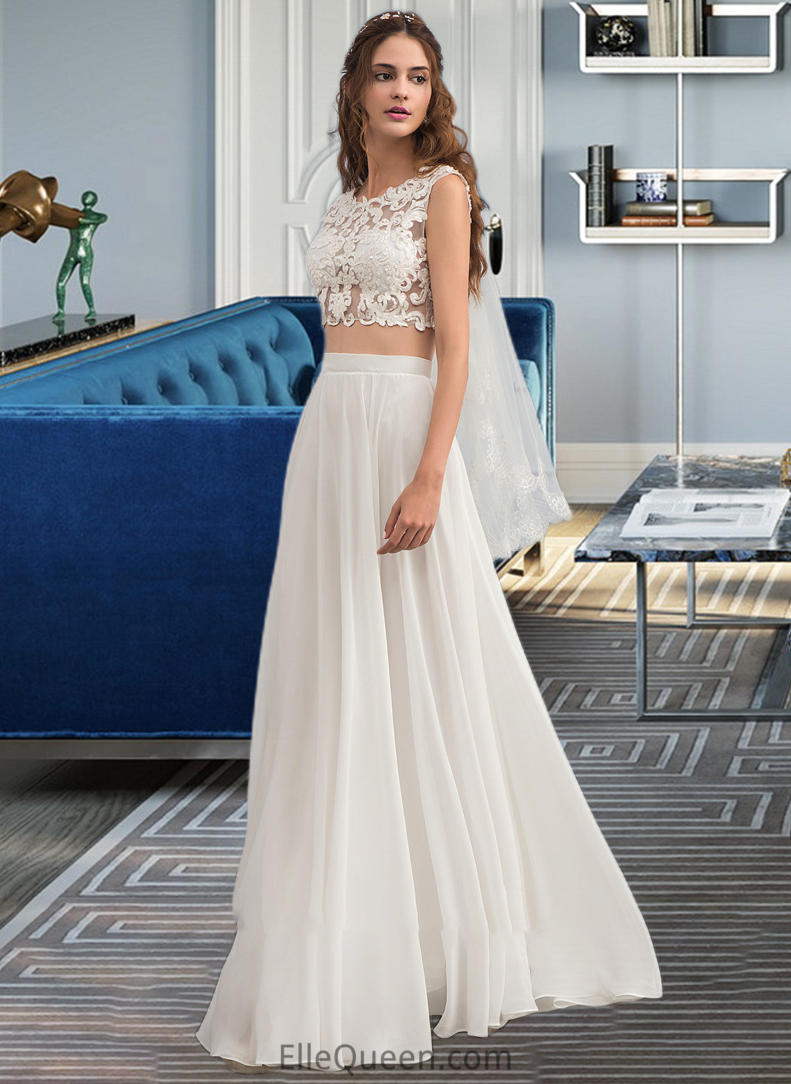 Daphne A-Line Scoop Neck Floor-Length Chiffon Wedding Dress With Beading Sequins DGP0013799