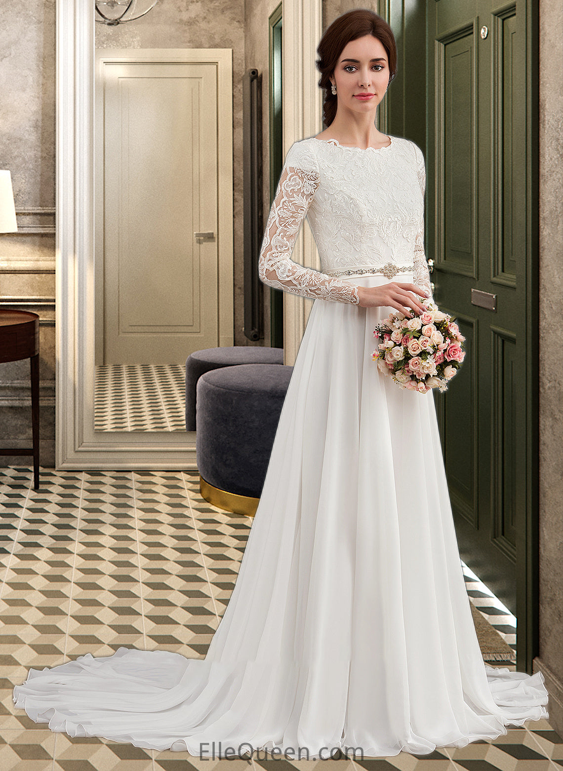 Kinley A-Line Scoop Neck Court Train Chiffon Wedding Dress With Beading DGP0013800