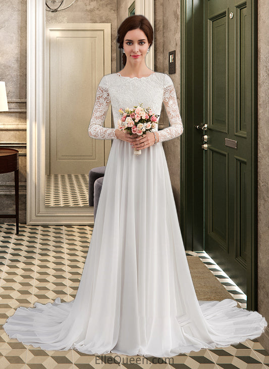 Kinley A-Line Scoop Neck Court Train Chiffon Wedding Dress With Beading DGP0013800