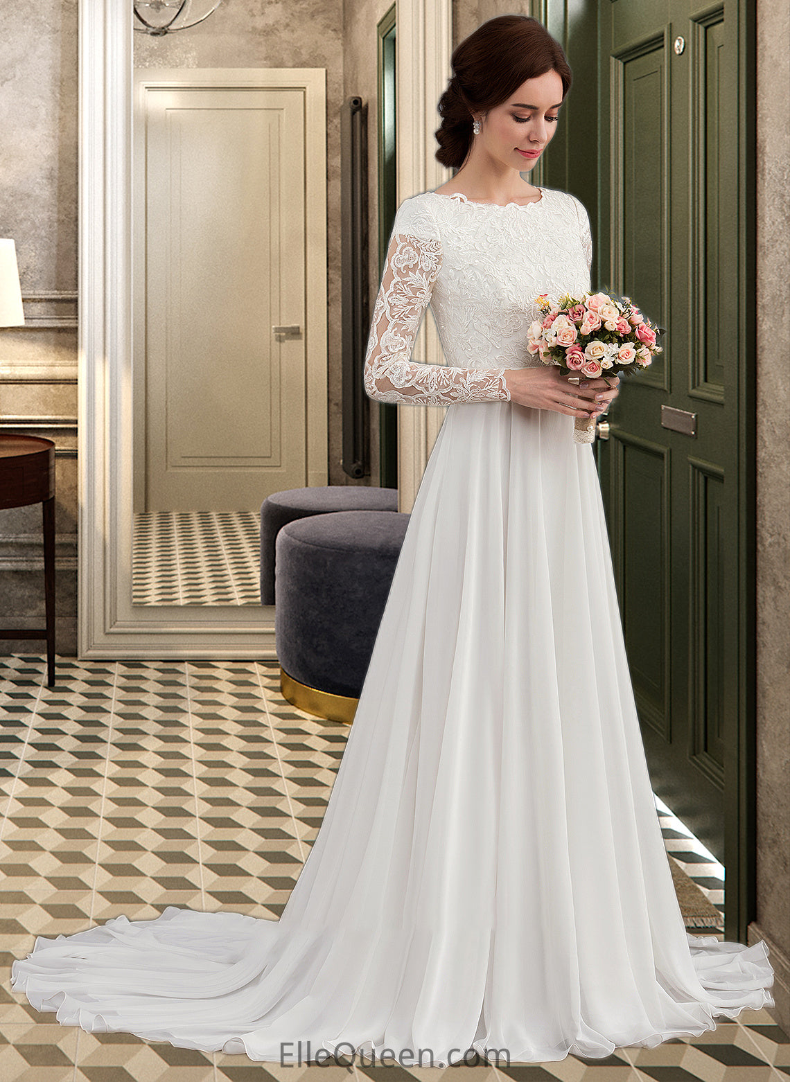 Kinley A-Line Scoop Neck Court Train Chiffon Wedding Dress With Beading DGP0013800