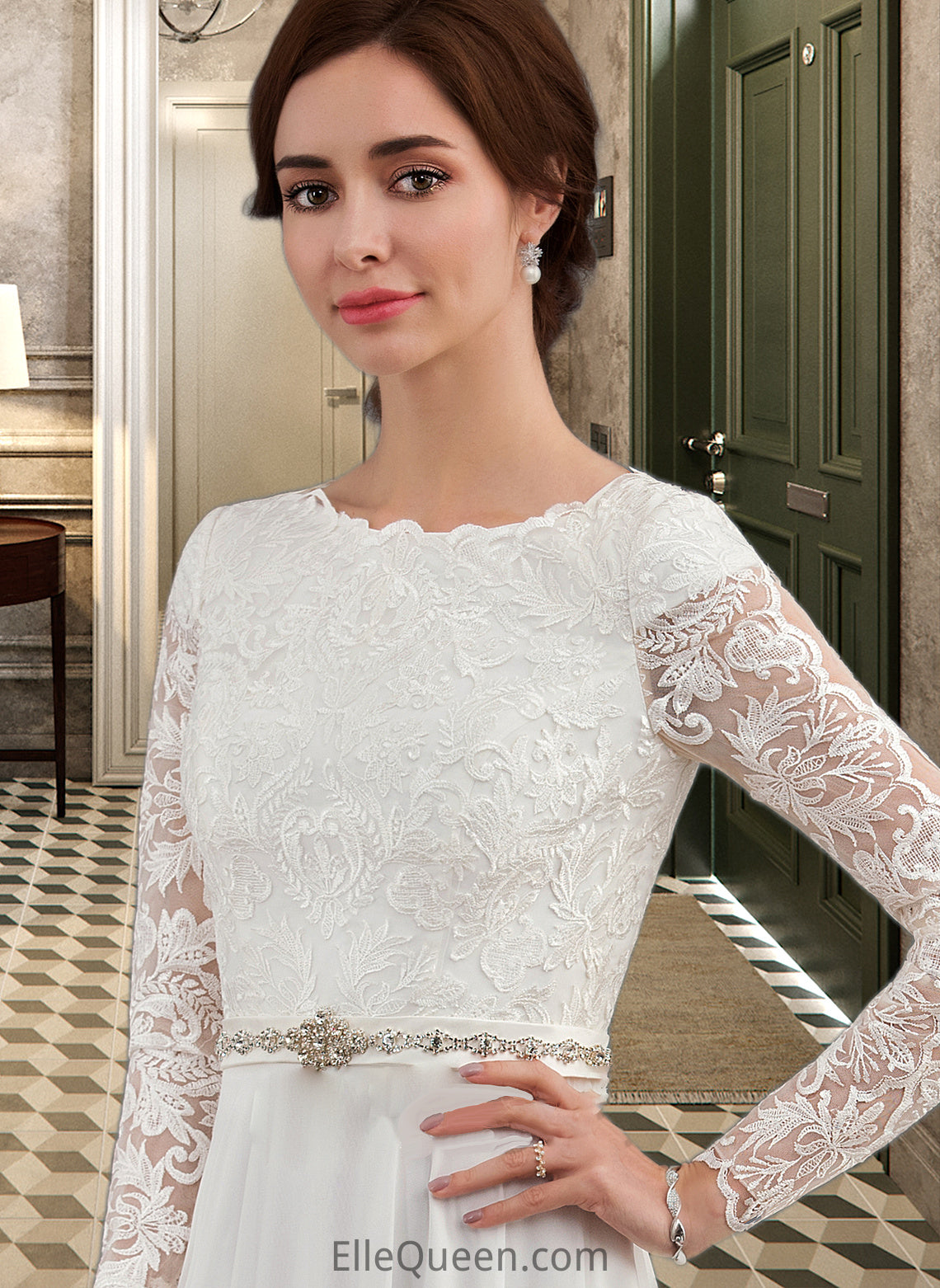 Kinley A-Line Scoop Neck Court Train Chiffon Wedding Dress With Beading DGP0013800