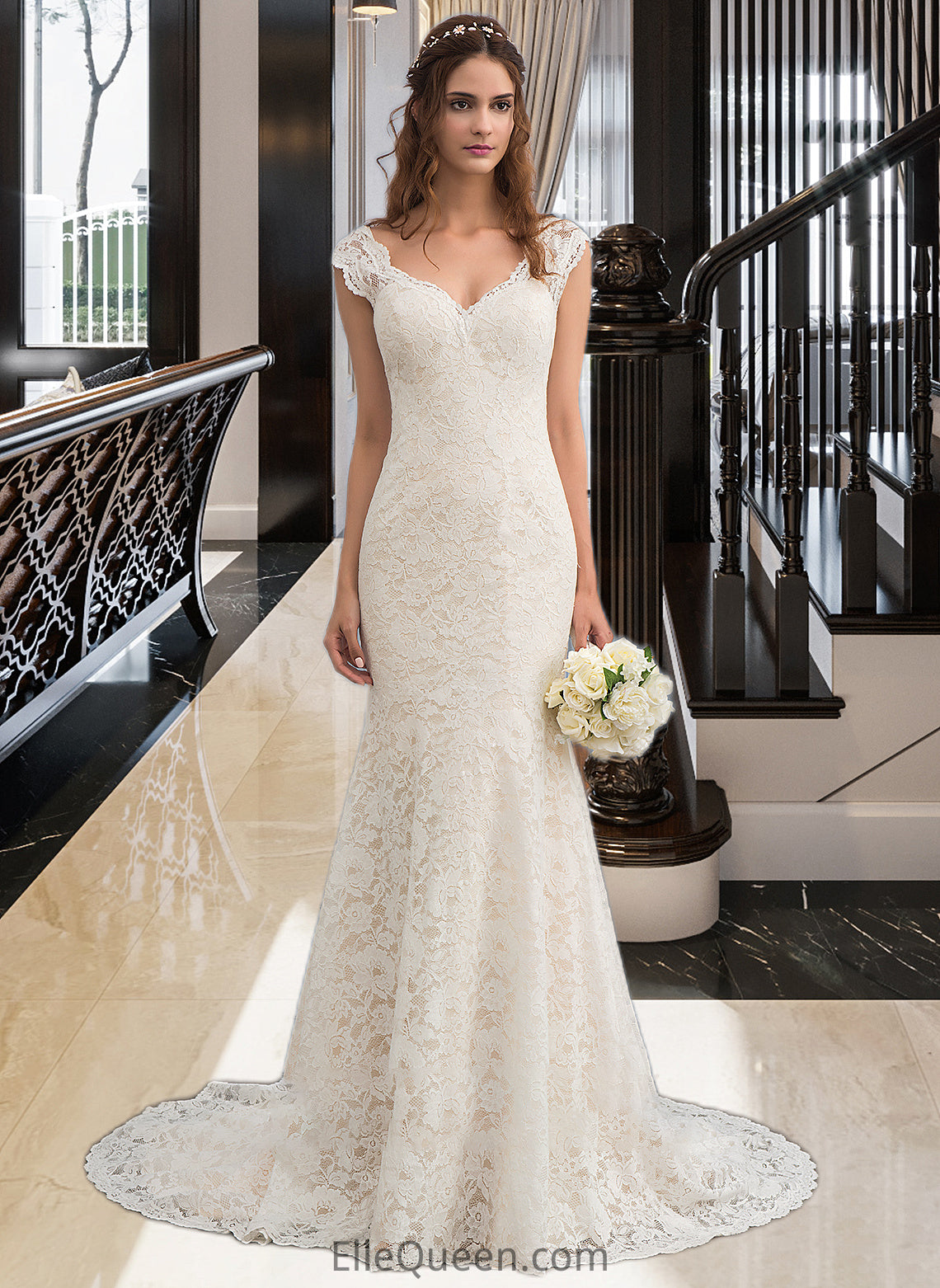 Cecilia Trumpet/Mermaid V-neck Court Train Lace Wedding Dress DGP0013804