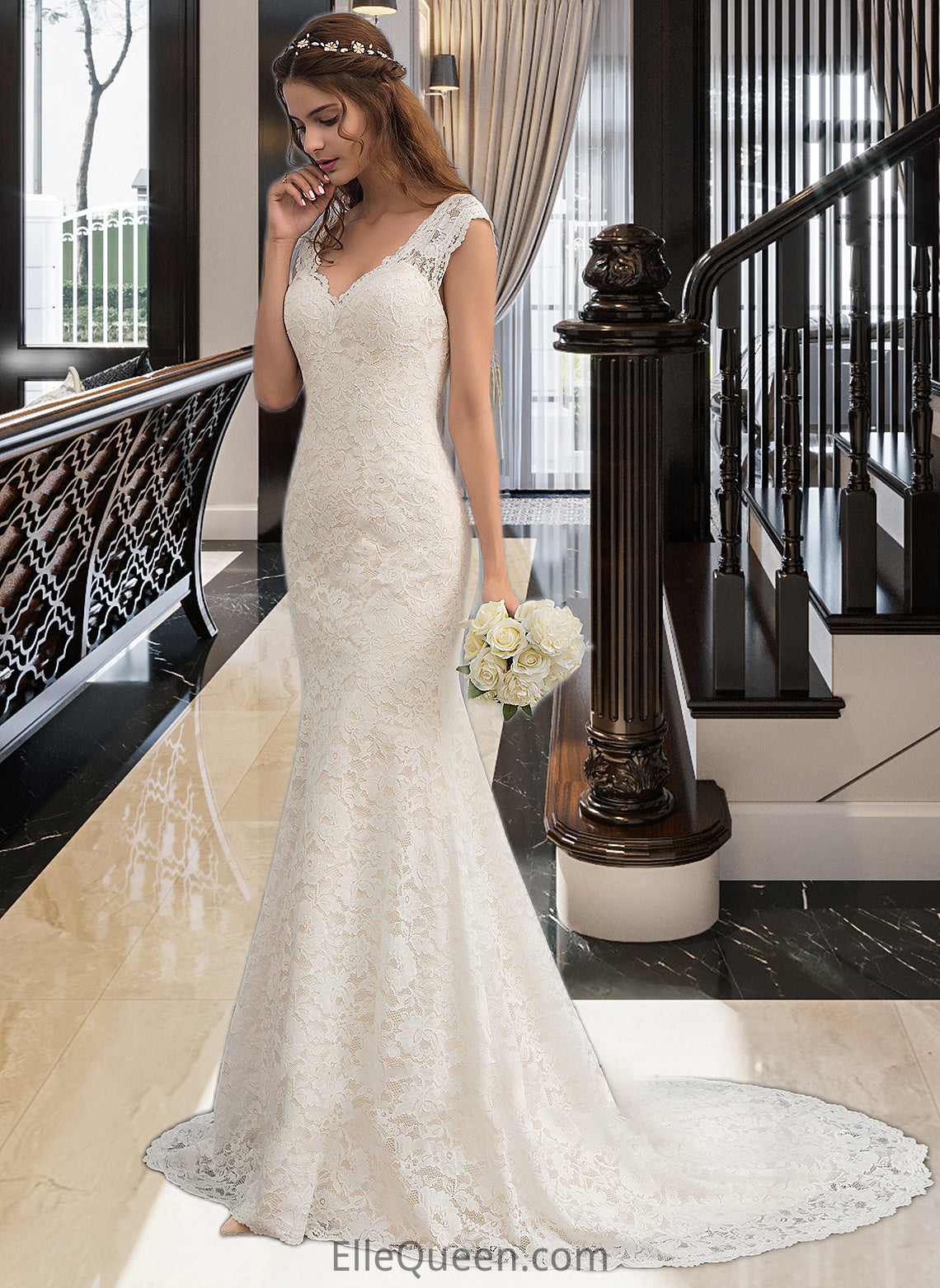 Cecilia Trumpet/Mermaid V-neck Court Train Lace Wedding Dress DGP0013804