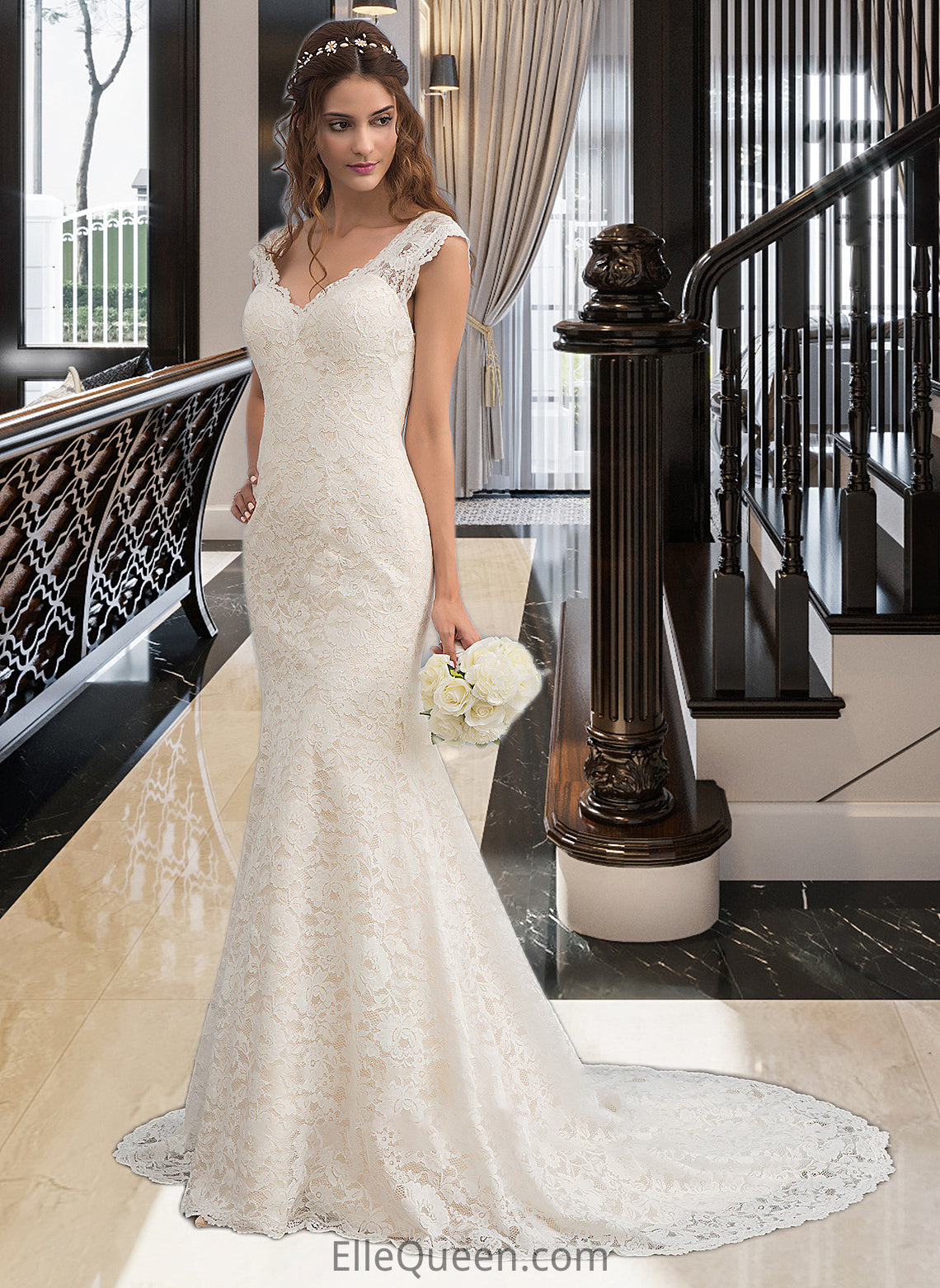 Cecilia Trumpet/Mermaid V-neck Court Train Lace Wedding Dress DGP0013804