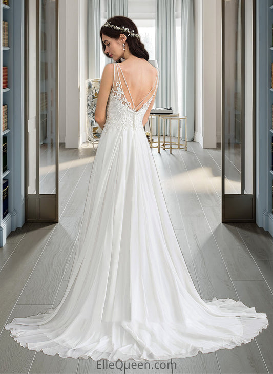 Laylah A-Line V-neck Sweep Train Chiffon Wedding Dress With Beading Sequins Split Front DGP0013806