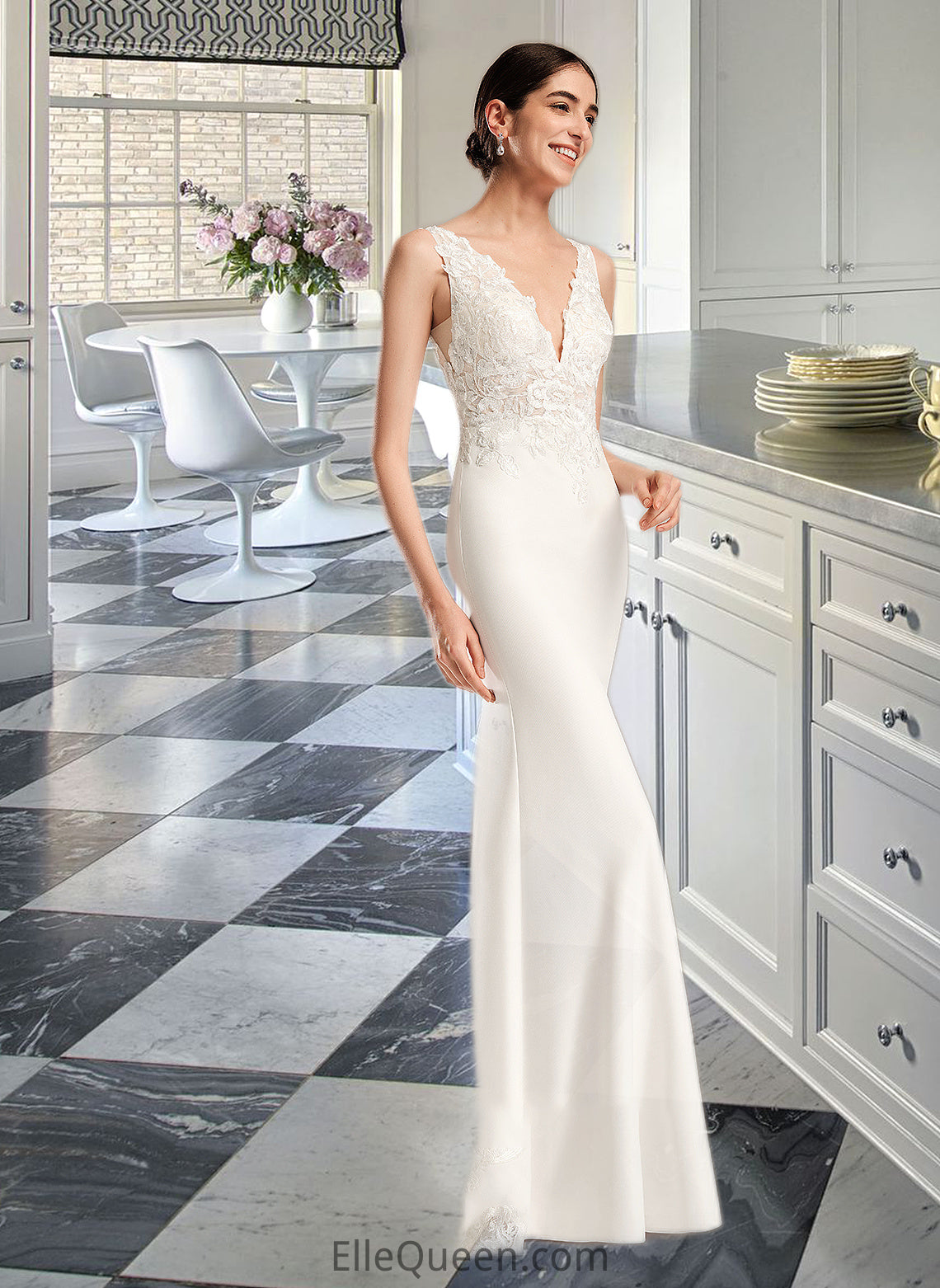 Caitlin Sheath/Column V-neck Court Train Wedding Dress With Sequins DGP0013807