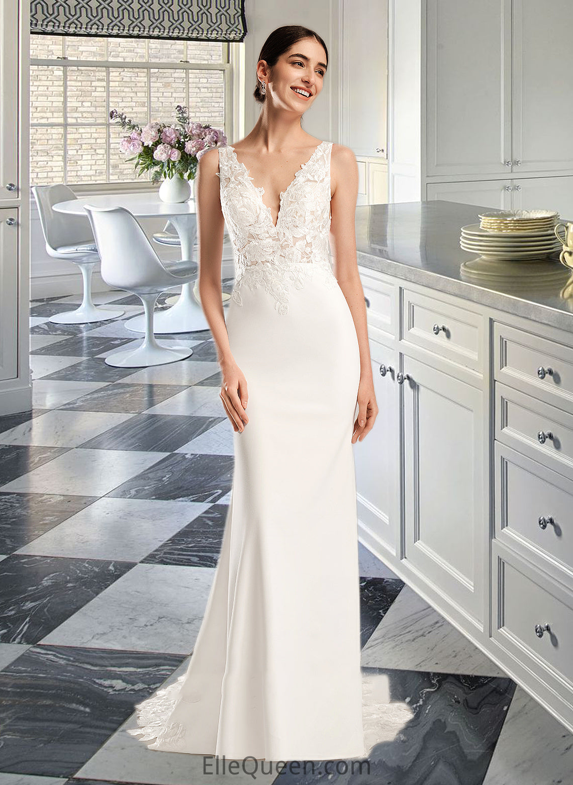 Caitlin Sheath/Column V-neck Court Train Wedding Dress With Sequins DGP0013807