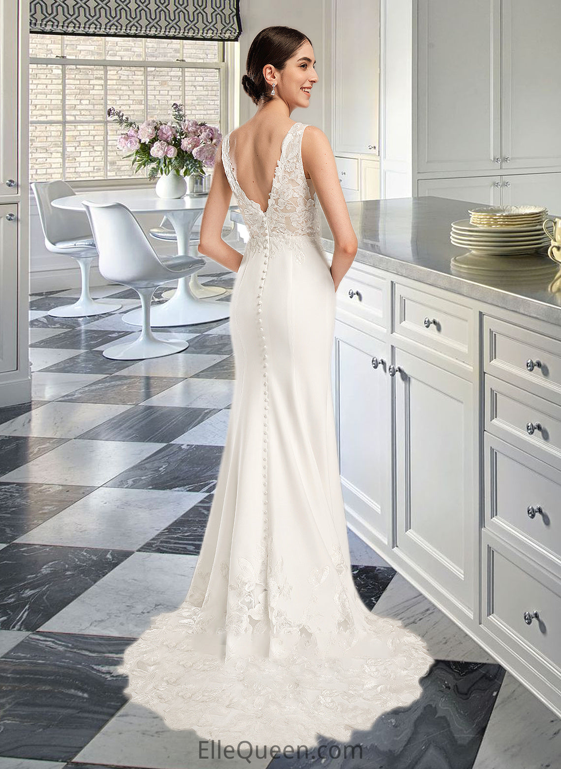 Caitlin Sheath/Column V-neck Court Train Wedding Dress With Sequins DGP0013807