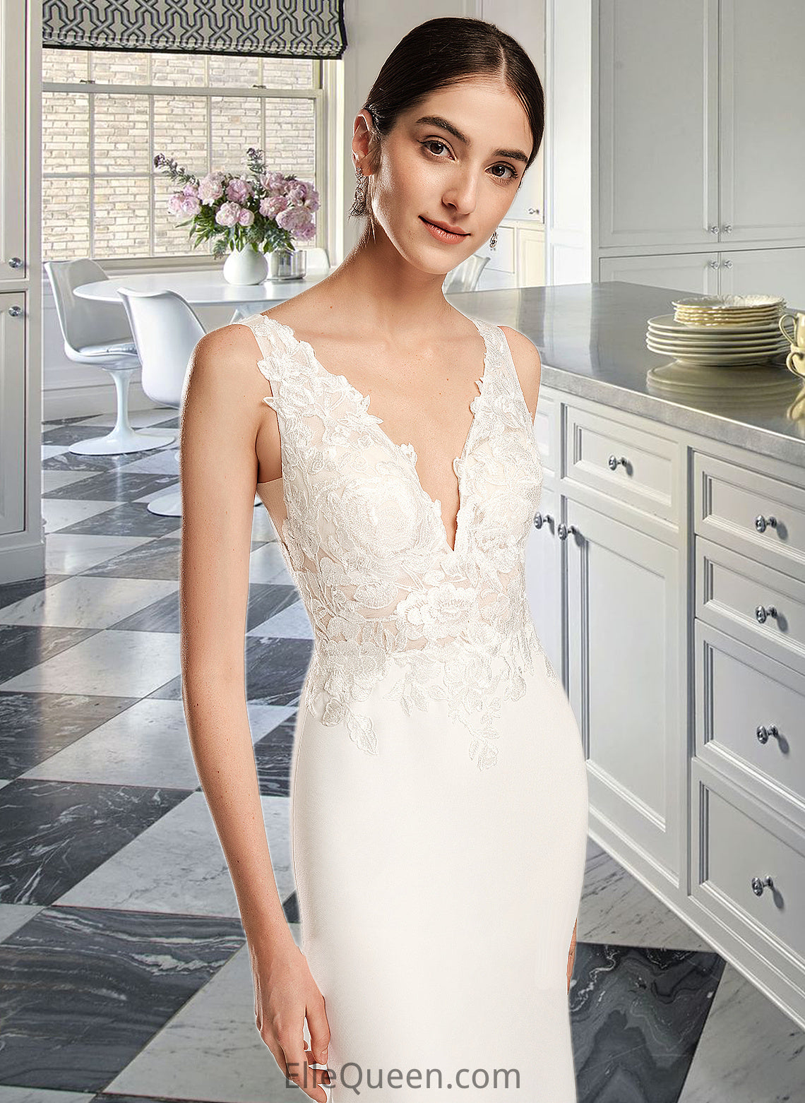 Caitlin Sheath/Column V-neck Court Train Wedding Dress With Sequins DGP0013807