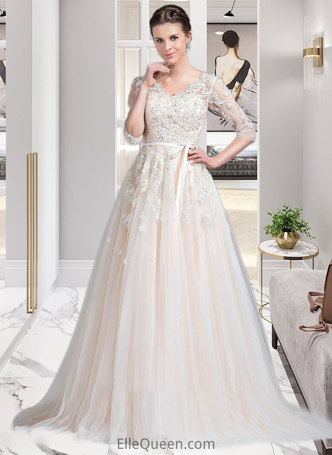 Catalina Ball-Gown/Princess V-neck Court Train Tulle Wedding Dress With Beading Appliques Lace Sequins Bow(s) DGP0013809