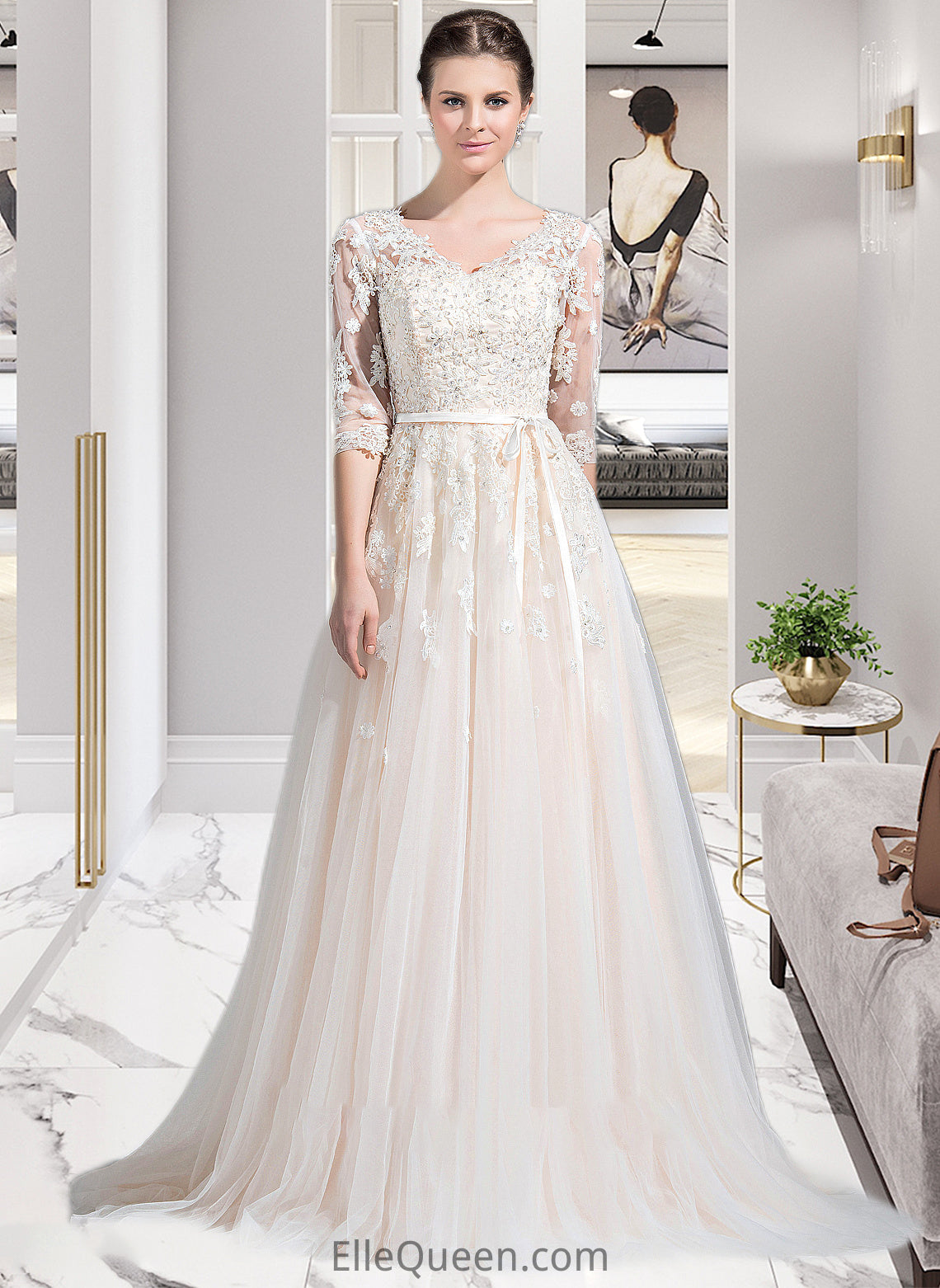 Catalina Ball-Gown/Princess V-neck Court Train Tulle Wedding Dress With Beading Appliques Lace Sequins Bow(s) DGP0013809