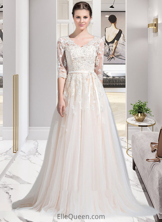 Catalina Ball-Gown/Princess V-neck Court Train Tulle Wedding Dress With Beading Appliques Lace Sequins Bow(s) DGP0013809