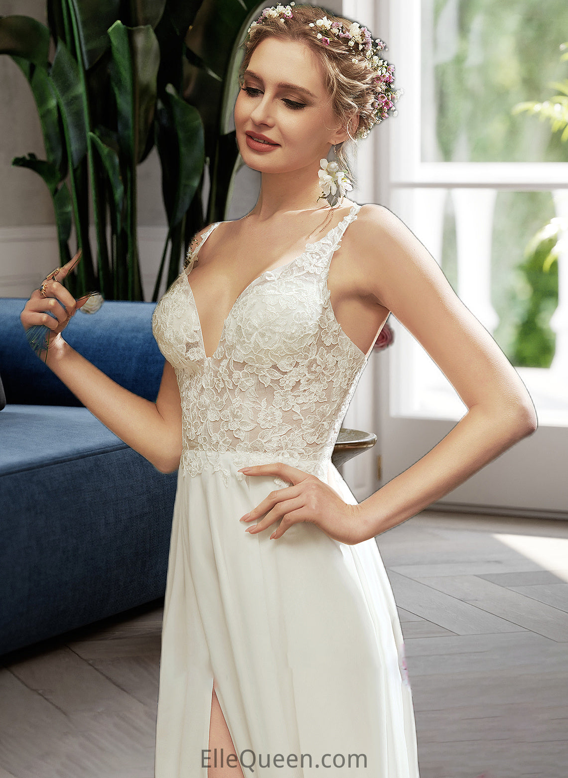 Iyana A-Line V-neck Floor-Length Wedding Dress With Lace Split Front DGP0013815