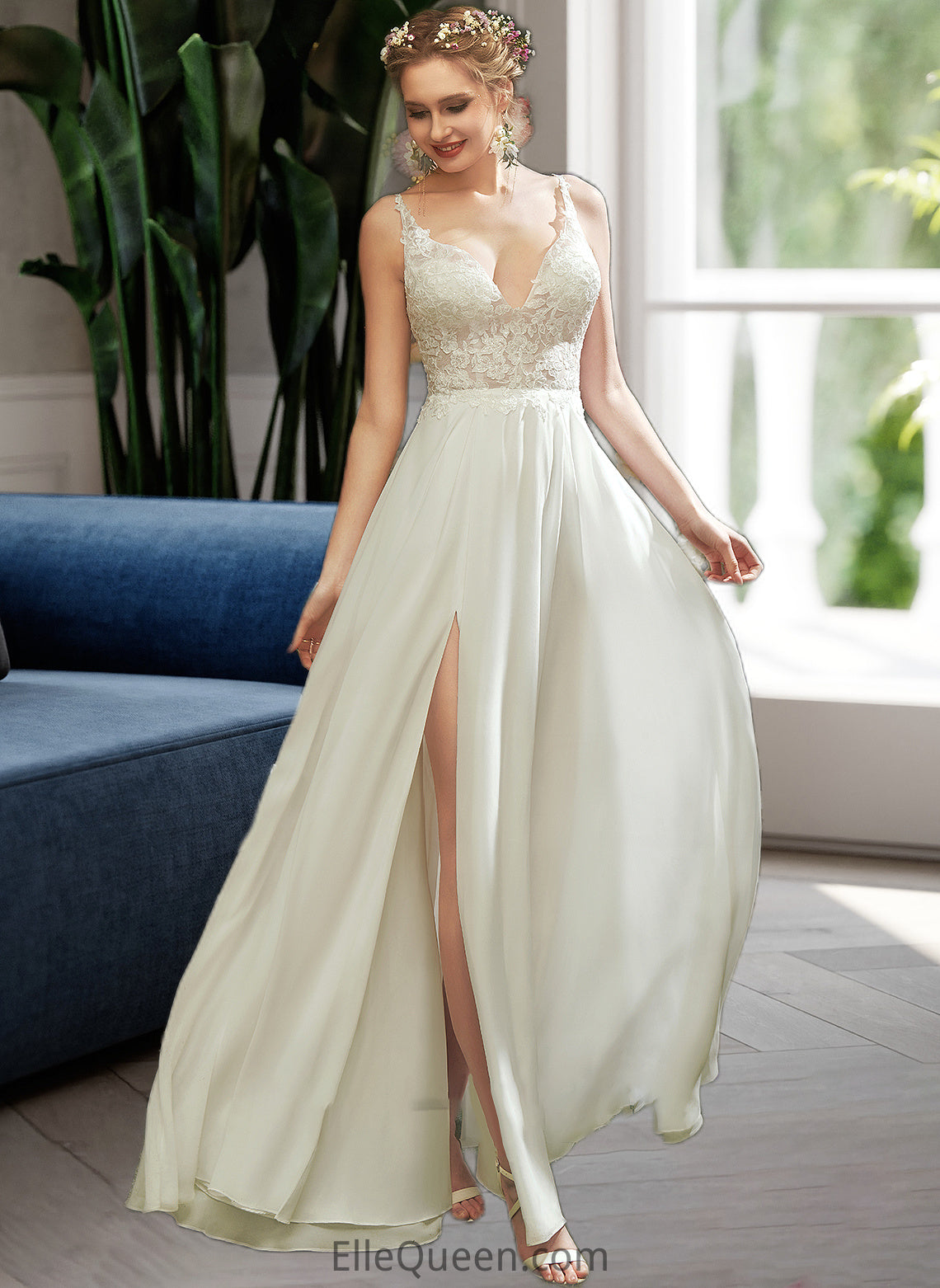 Iyana A-Line V-neck Floor-Length Wedding Dress With Lace Split Front DGP0013815