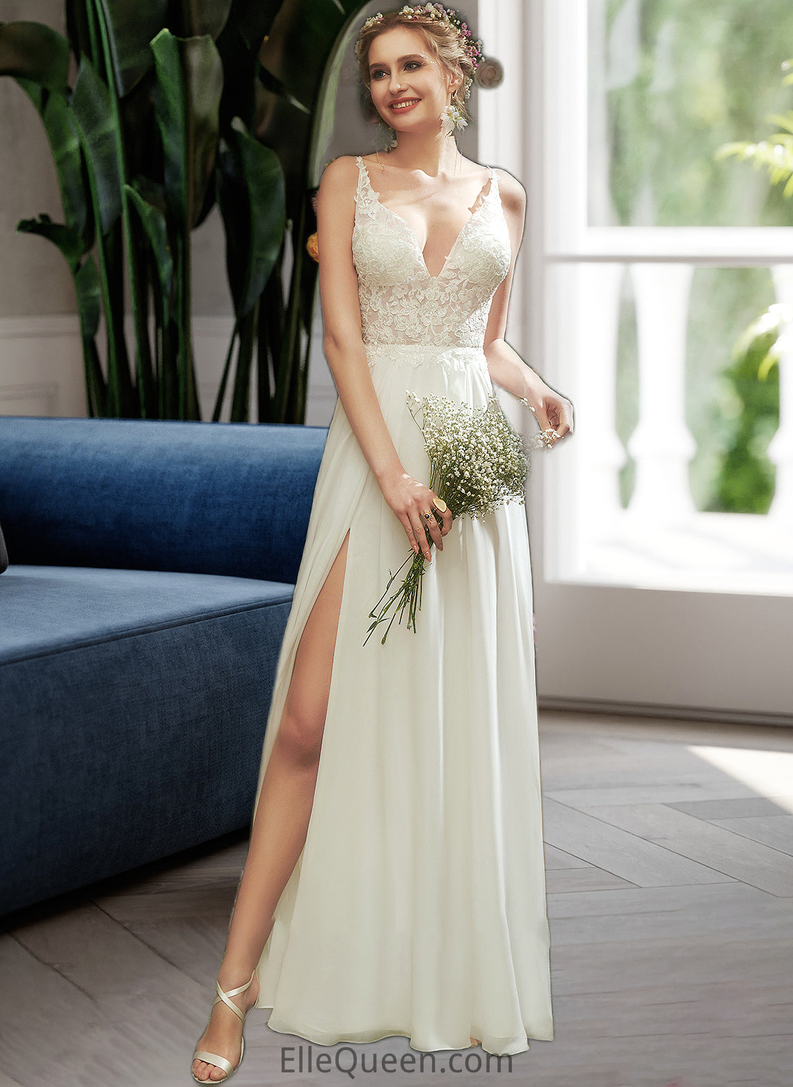 Iyana A-Line V-neck Floor-Length Wedding Dress With Lace Split Front DGP0013815